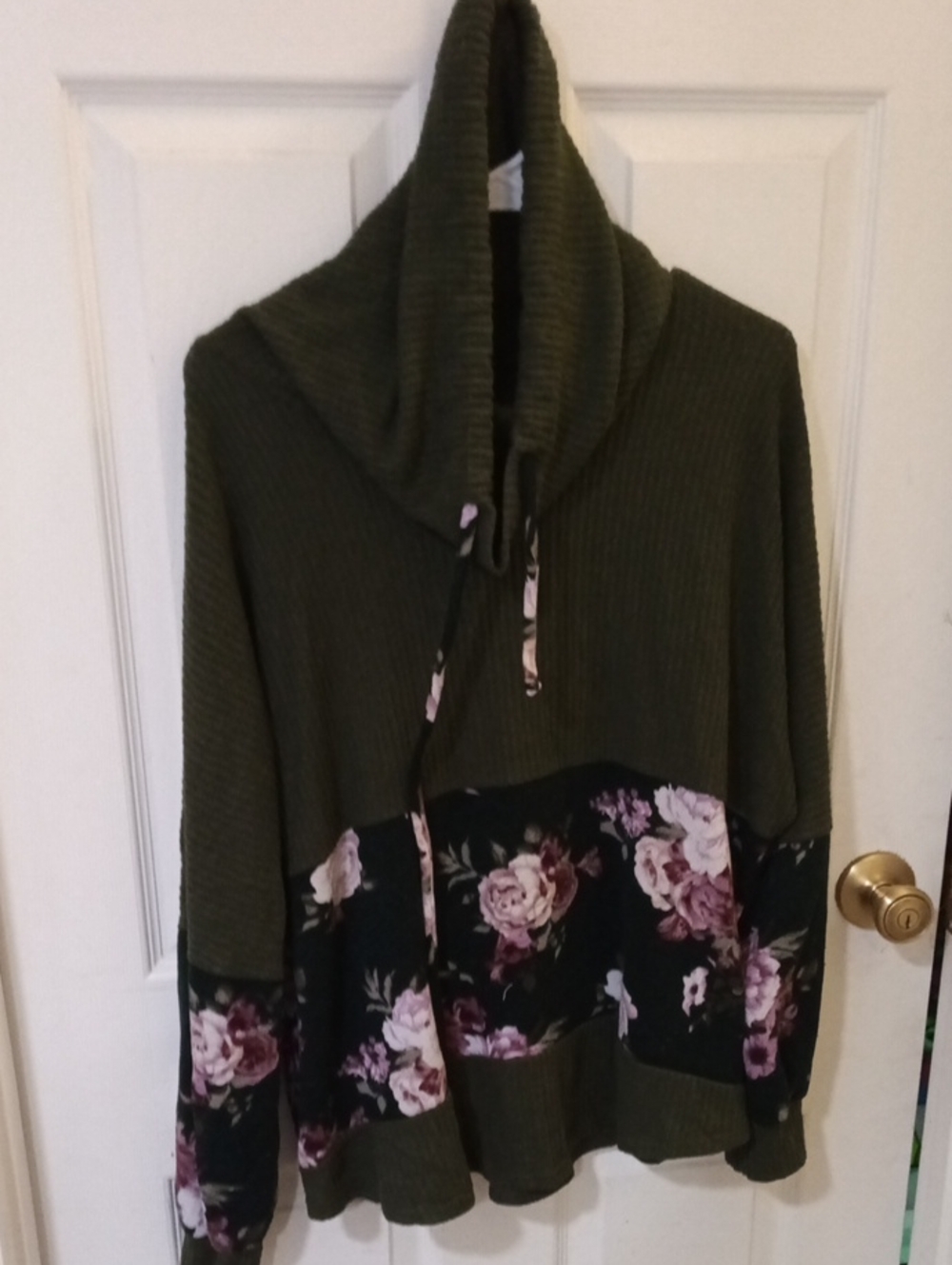 white birch Olive Green Cowl Neck Sweater with Floral Panel